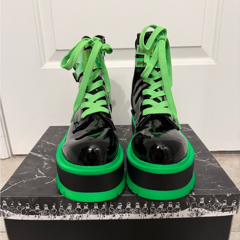 Demonia Iridescent Green and Black Platform Boots - Picture 3 of 7